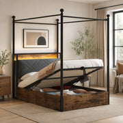 Letto a baldacchino 90x190 cm con contenitore idraulico, LED e USB-C in ferro nero
