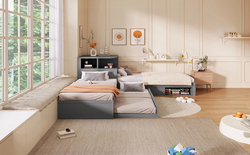 Letto a piattaforma a L 90x200 cm con letto estraibile e contenitore con porta scorrevole, luce notturna inclusa, Grigio