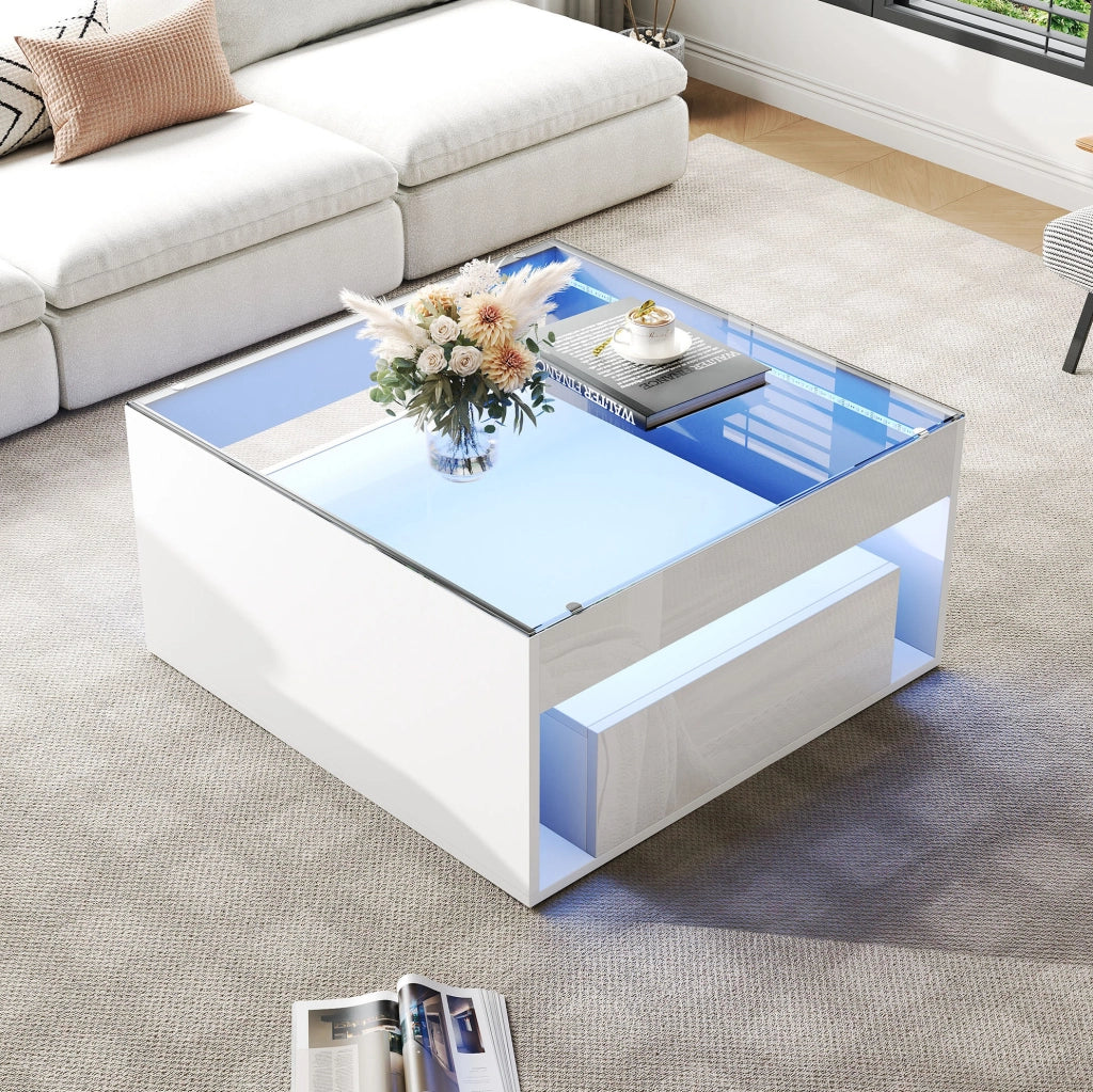 Tavolino da salotto quadrato 70x70x35 cm con 2 cassetti, piano in vetro temperato, LED integrato, struttura in MDF bianco lucido