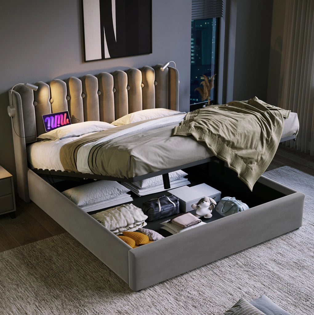 Letto matrimoniale contenitore 140x200 cm in velluto grigio con luce da lettura e USB