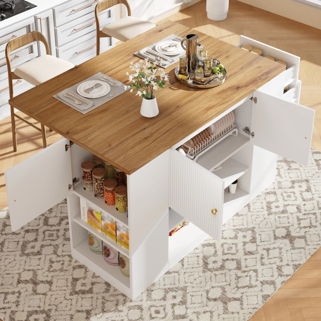 Isola cucina pieghevole bianca in MDF e metallo con ripiani e cassetti