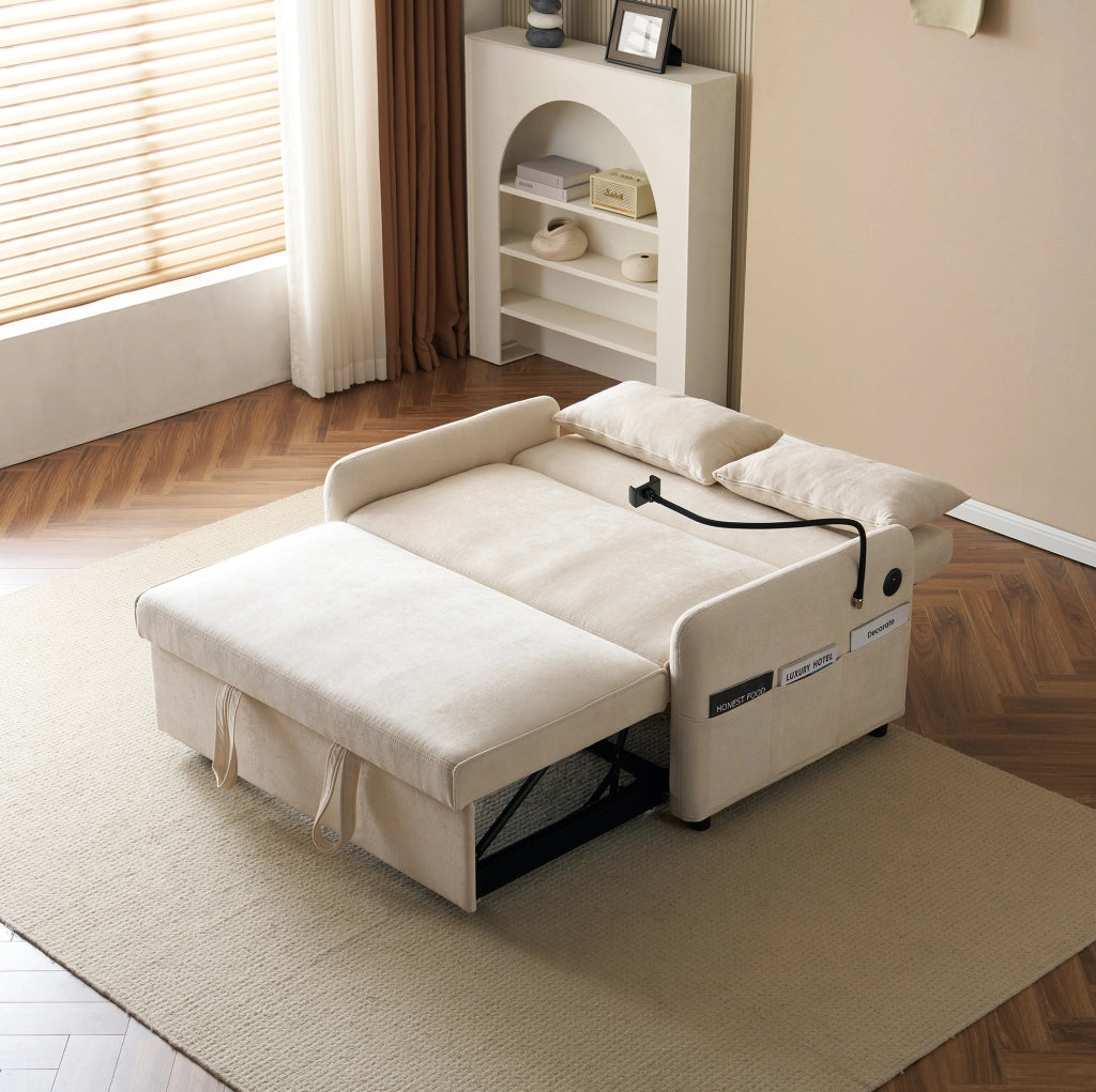 Divano letto 2 posti estraibile in ciniglia beige con USB; schienale regolabile e ruote