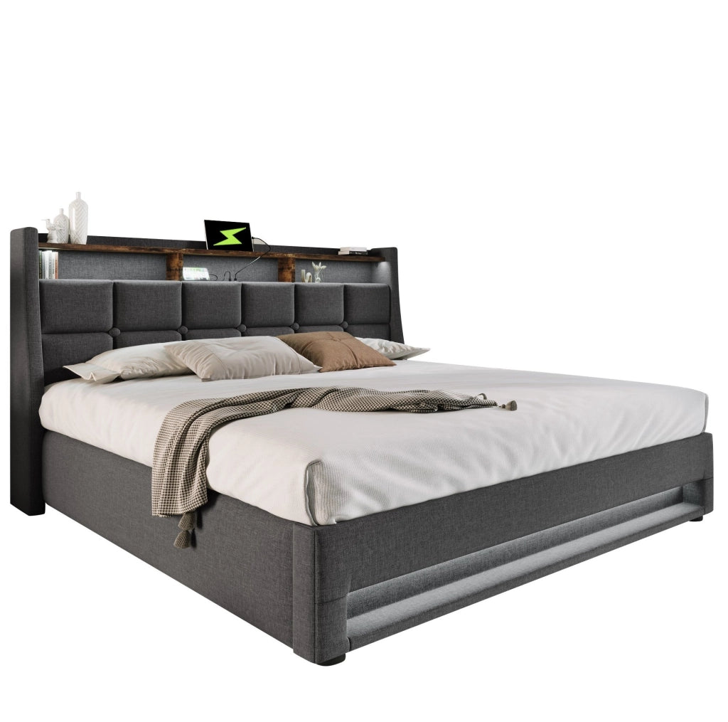Letto imbottito 160 x 200 cm grigio con LED, USB e contenitore