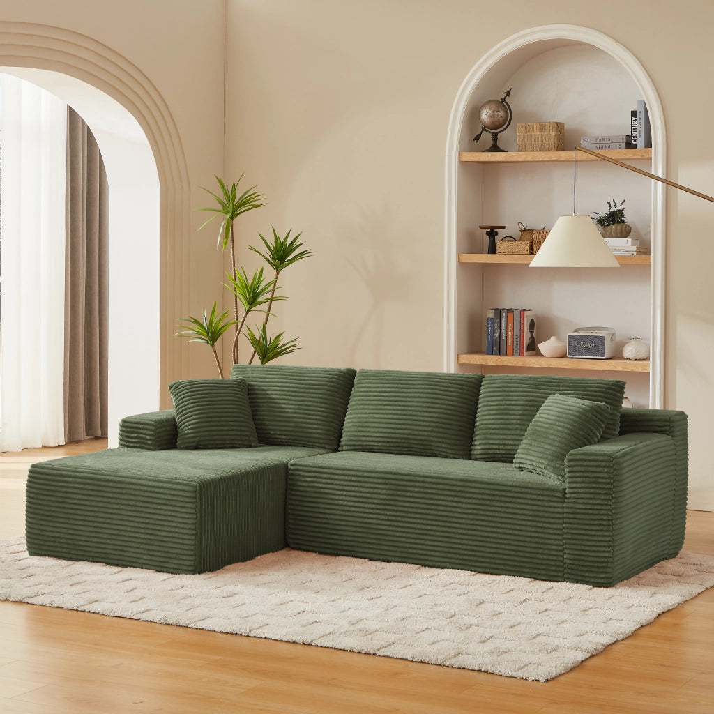 Divano modulare con chaise longue e cuscini rimovibili in schiuma e molle verde