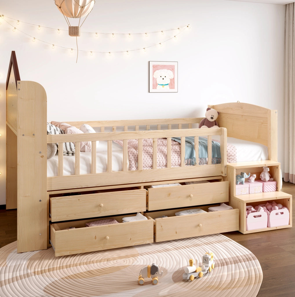 LETTO semi-alto a casetta 90x200 cm con LED, 4 cassetti, naturale