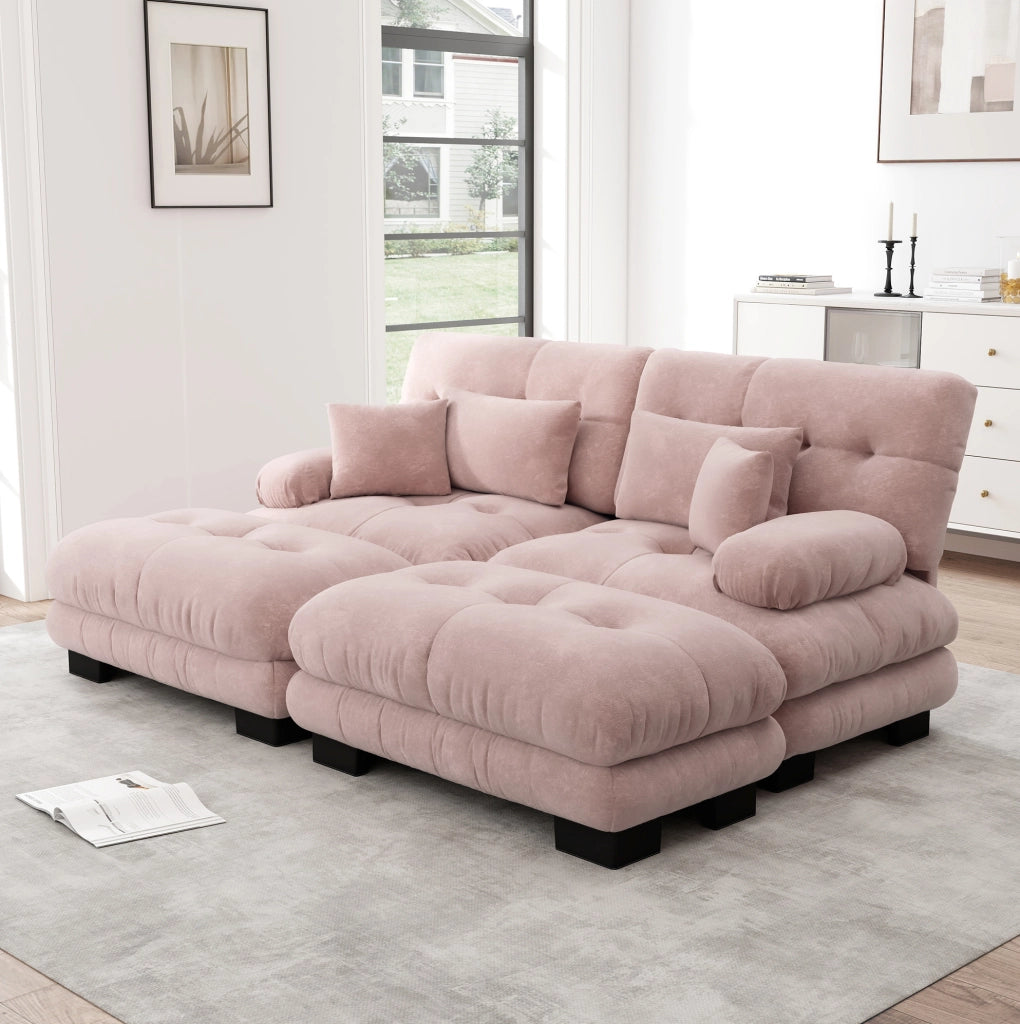 Divano modulare in ciniglia rosa con pouf mobili