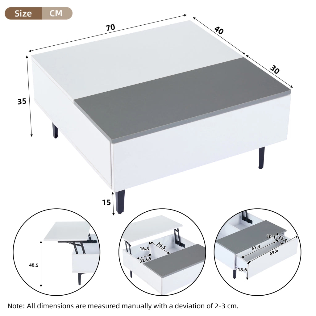 Tavolino basso alzabile con vano e cassetto LED in MDF bianco e grigio piano regolabile 70 × 70 × 35 cm