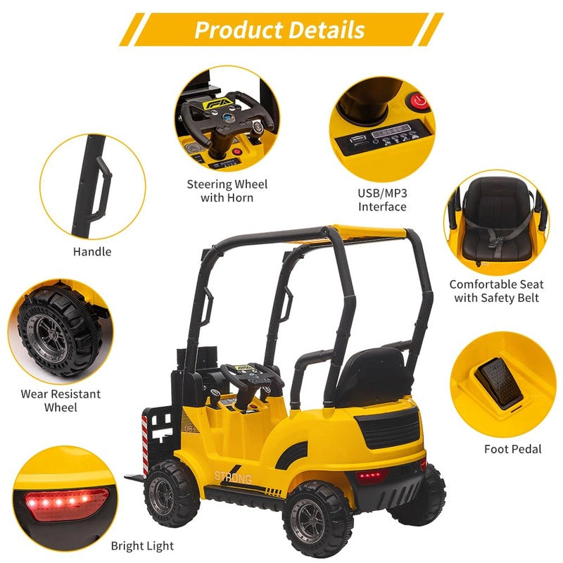 Carrello Elevatore Elettrico per Bambini 12V con Forche Regolabili; Bancale; Tettoia e Telecomando