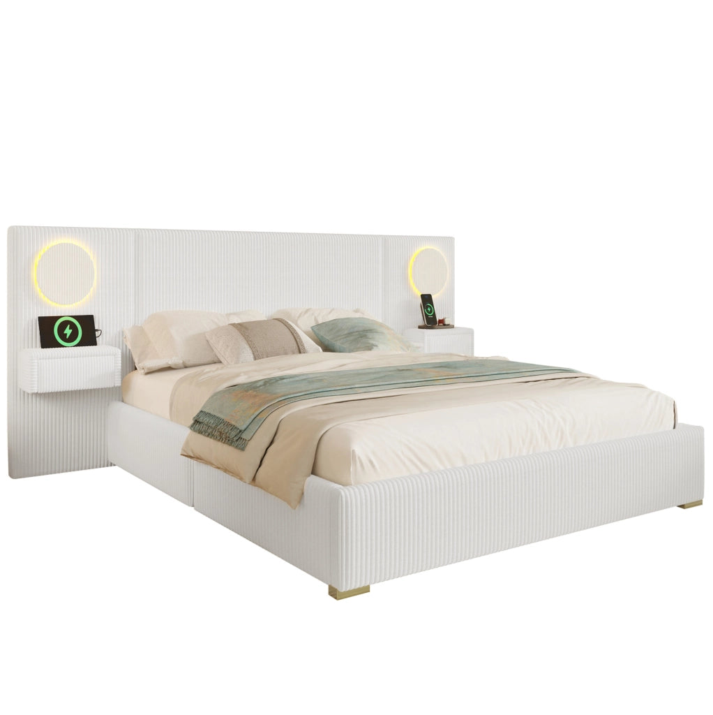 Letto imbottito 180x200 cm con LED, USB e comodini con cassetti in velluto beige