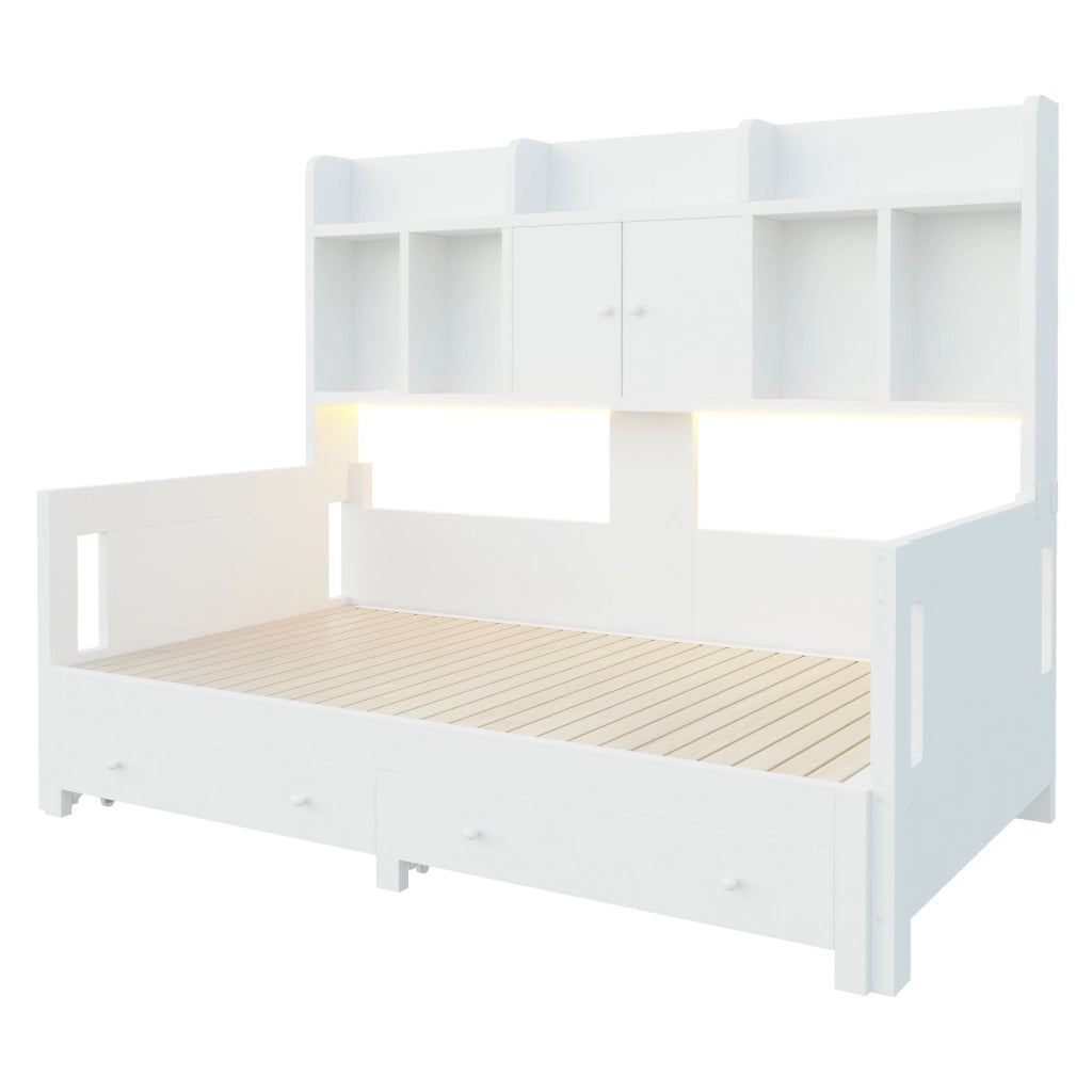 Divano Letto Estraibile in Legno 90x190 cm a 180x190 cm con Cassetti; Mensole; Prese e LED Bianco