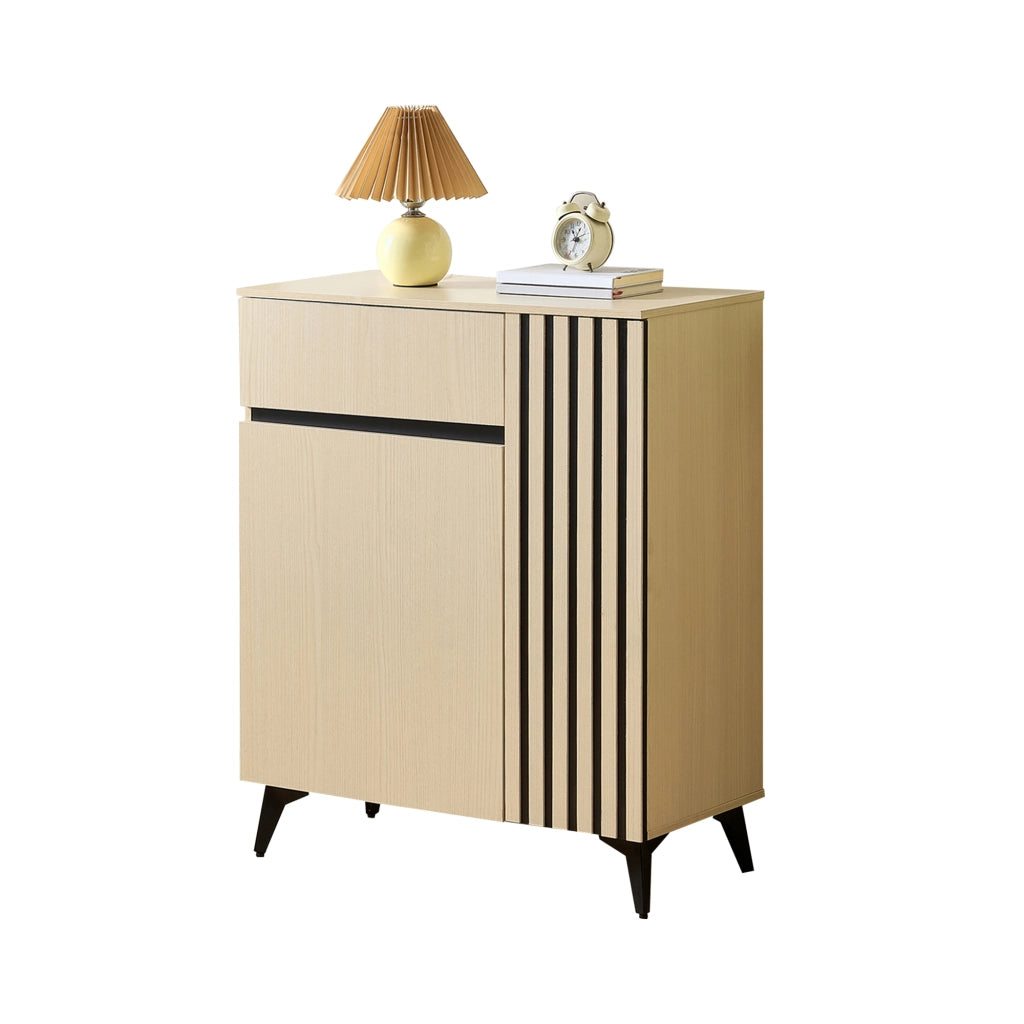 Scarpiera 2 ante e 1 cassetto in legno chiaro，mobiletto ingresso con ripiani regolabili，75x35x90 cm