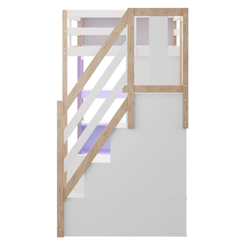 Letto a soppalco 90 × 200 cm con scrivania, armadio, scale contenitore e LED, senza materasso, bianco naturale