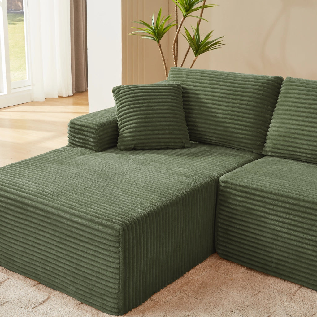 Divano modulare con chaise longue e cuscini rimovibili in schiuma e molle verde