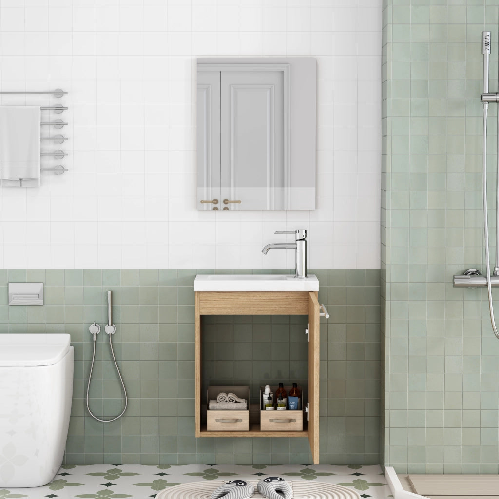 Mobile lavabo sospeso per bagno con lavandino in ceramica e specchio, colore quercia, maniglie in metallo, cerniere ammortizzate, preassemblato
