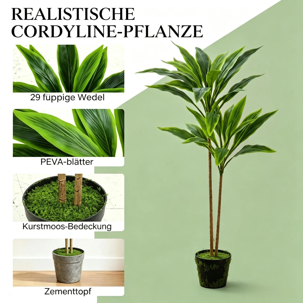 Pianta artificiale di cordyline 90 cm con 29 foglie in PEVA e vaso interno cementato verde per casa e ufficio
