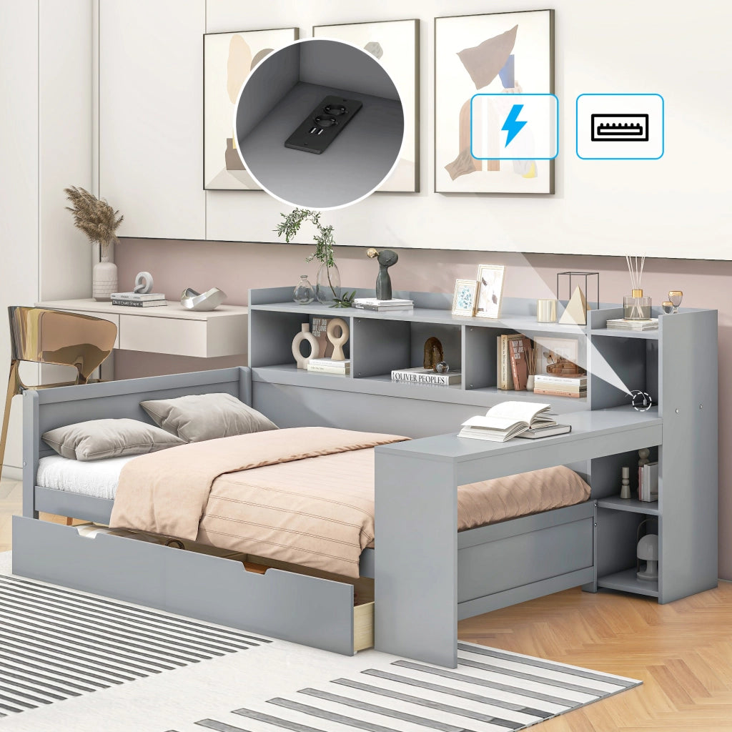 Letto singolo 90 ¡Á 200 cm con scrivania prese USB e ricarica 2 cassetti pannelli di particelle e MDF grigio