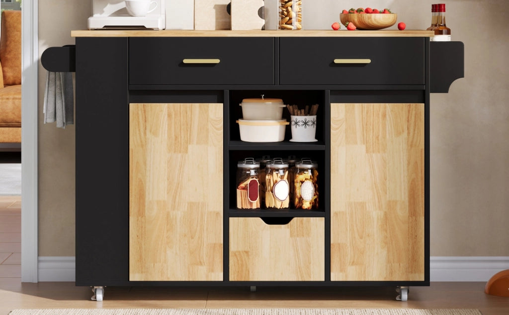 Isola cucina mobile con piano allungabile, carrello con 3 cestoni e scaffale porta spezie, 120 × 45(71) × 90 cm, mobili con ruote bloccabili