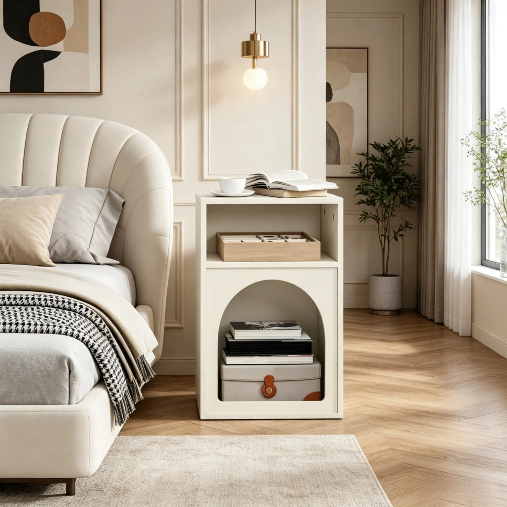 Comodino in MDF color crema con due ripiani aperti, design curvo moderno, 40x30x60 cm