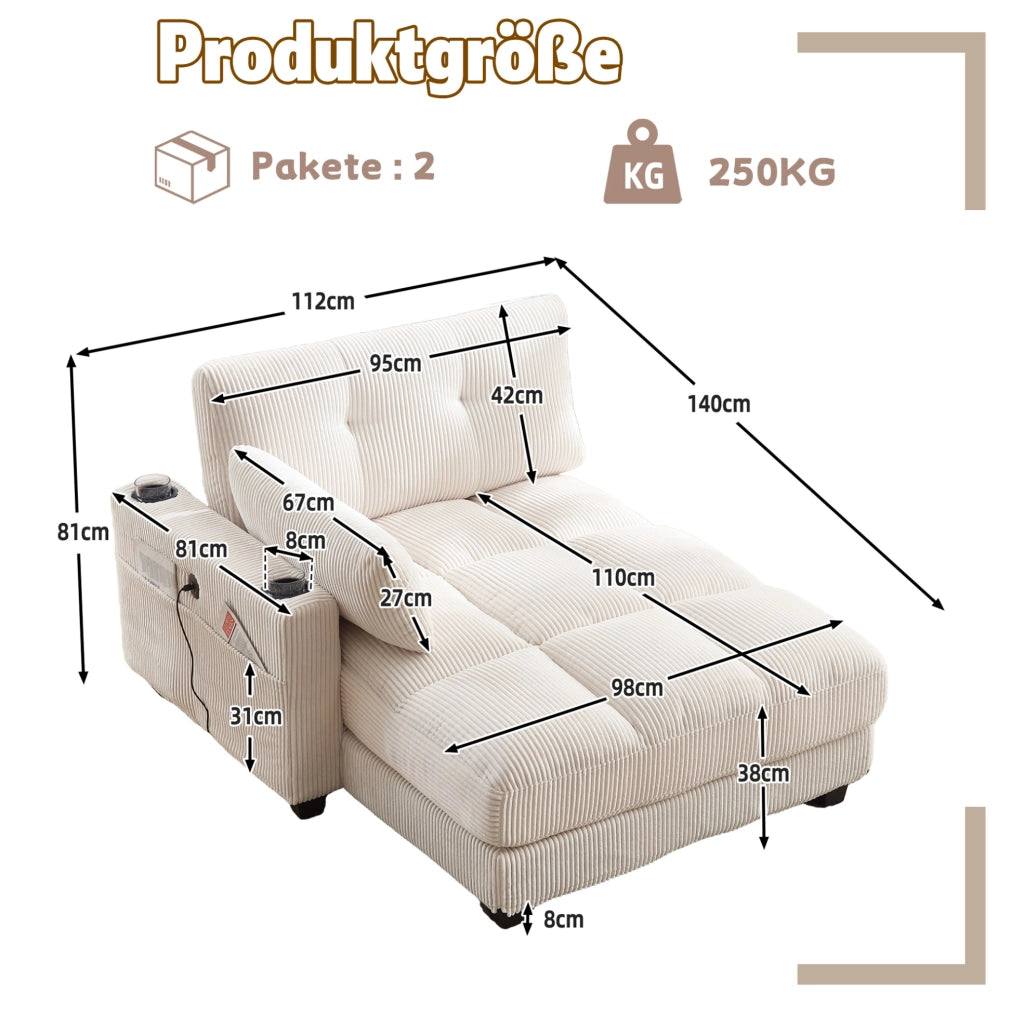 Poltrona lounge in velluto a coste beige con USB e portabevande