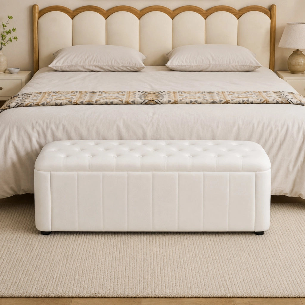 Panca contenitore ULEVR in velluto beige con seduta imbottita rimovibile e trapuntatura a bottoni
