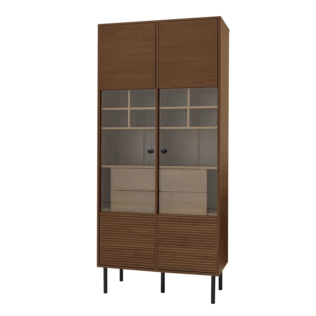 Mobiletto Multiuso Effetto Noce 75;5x35x164;5 cm Vetrina con Ante in Vetro e Cassetti