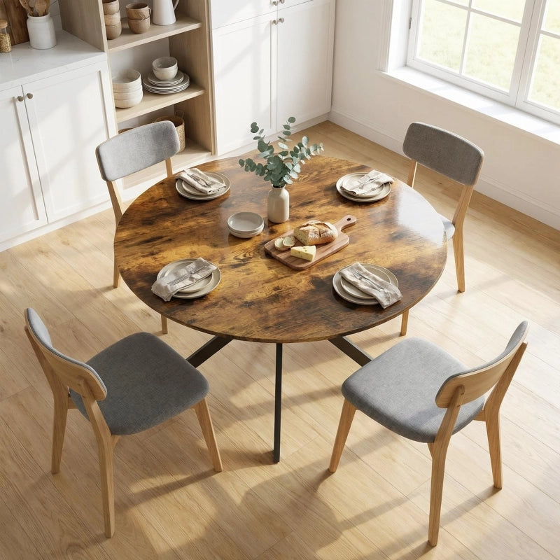 Tavolo da pranzo rotondo per 4 persone con gambe in acciaio a X e piano in legno marrone rustico diametro 120 cm