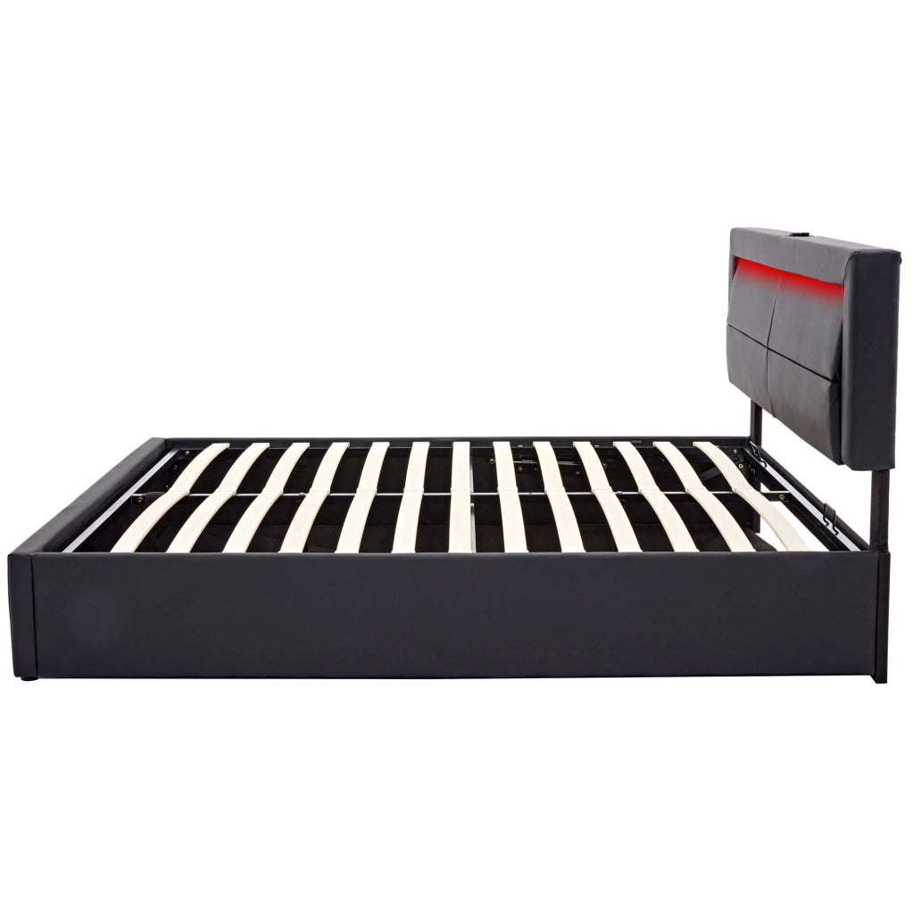 Letto imbottito 140x200 cm con USB; LED e contenitore; PU nero