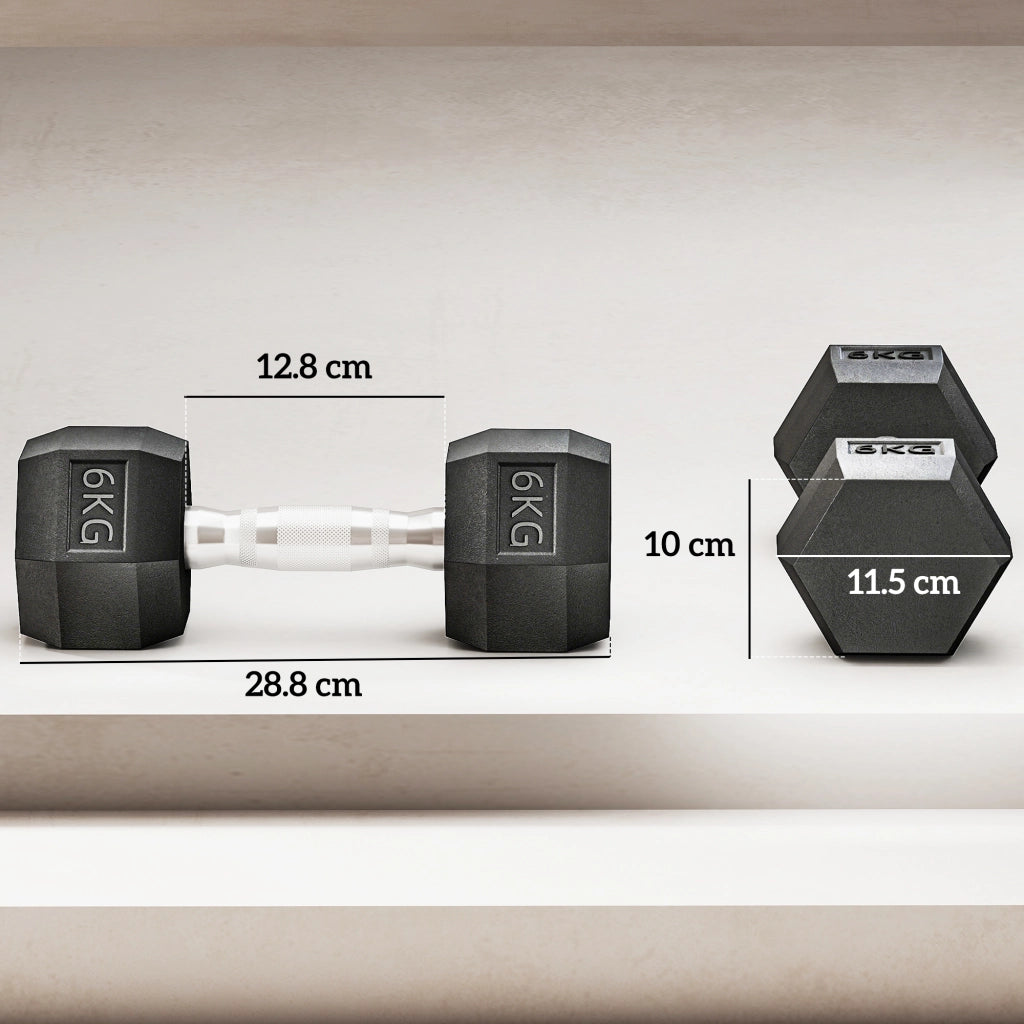 Set di 2 Manubri da 6 kg Esagonali con Presa Antiscivolo e Rivestimento in Gomma. Nero