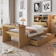 Letto con cassetti 90 × 200 cm con tavolo pieghevole regolabile e ripiano testiera in legno colore naturale
