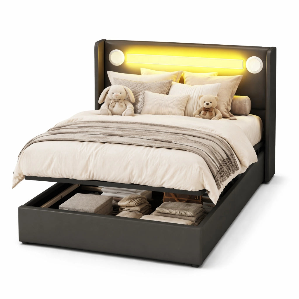Letto imbottito per bambini 90x200 cm con LED; Bluetooth e vano contenitore
