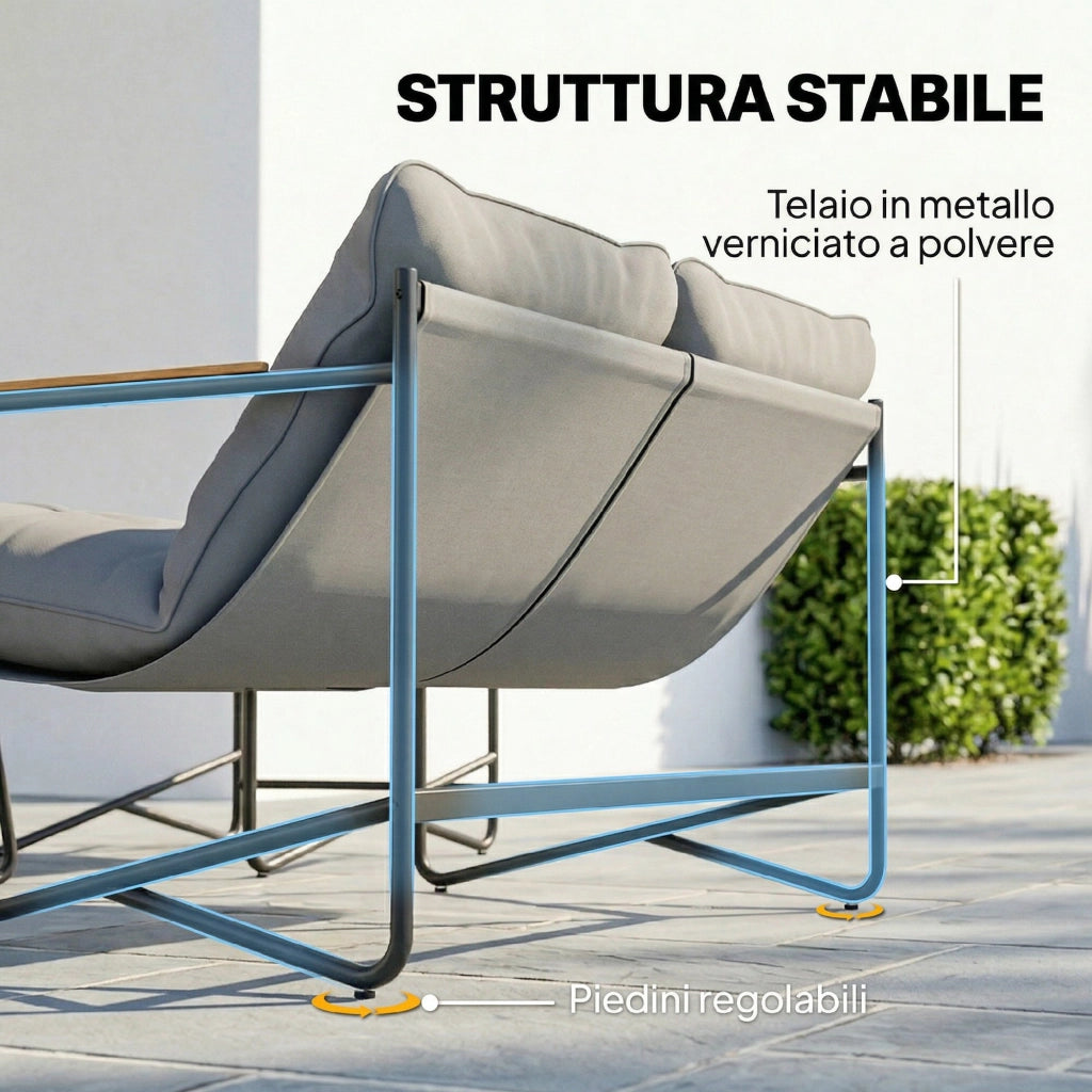 Set 4 Pezzi Salotto da Giardino con Divano 2 Posti e 2 Poltrone con Cuscini in Metallo e Texteline Grigio Chiaro