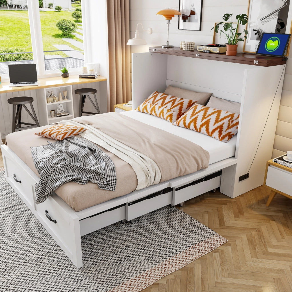 Letto a scomparsa ULEVR 140x200 cm con struttura estraibile, presa europea e ruote silenziose, bianco