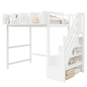 Letto a soppalco 90x200 cm bianco con ripiani; scala e LED