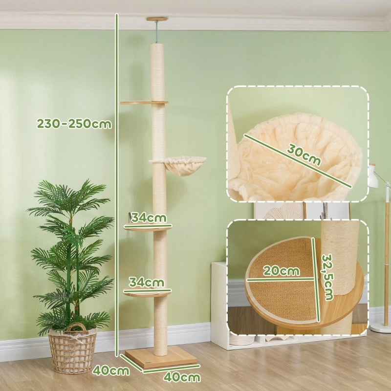 Tiragraffi da soffitto regolabile con pali in sisal base in legno ingegnerizzato rovere 40 × 40 × 230-250 cm