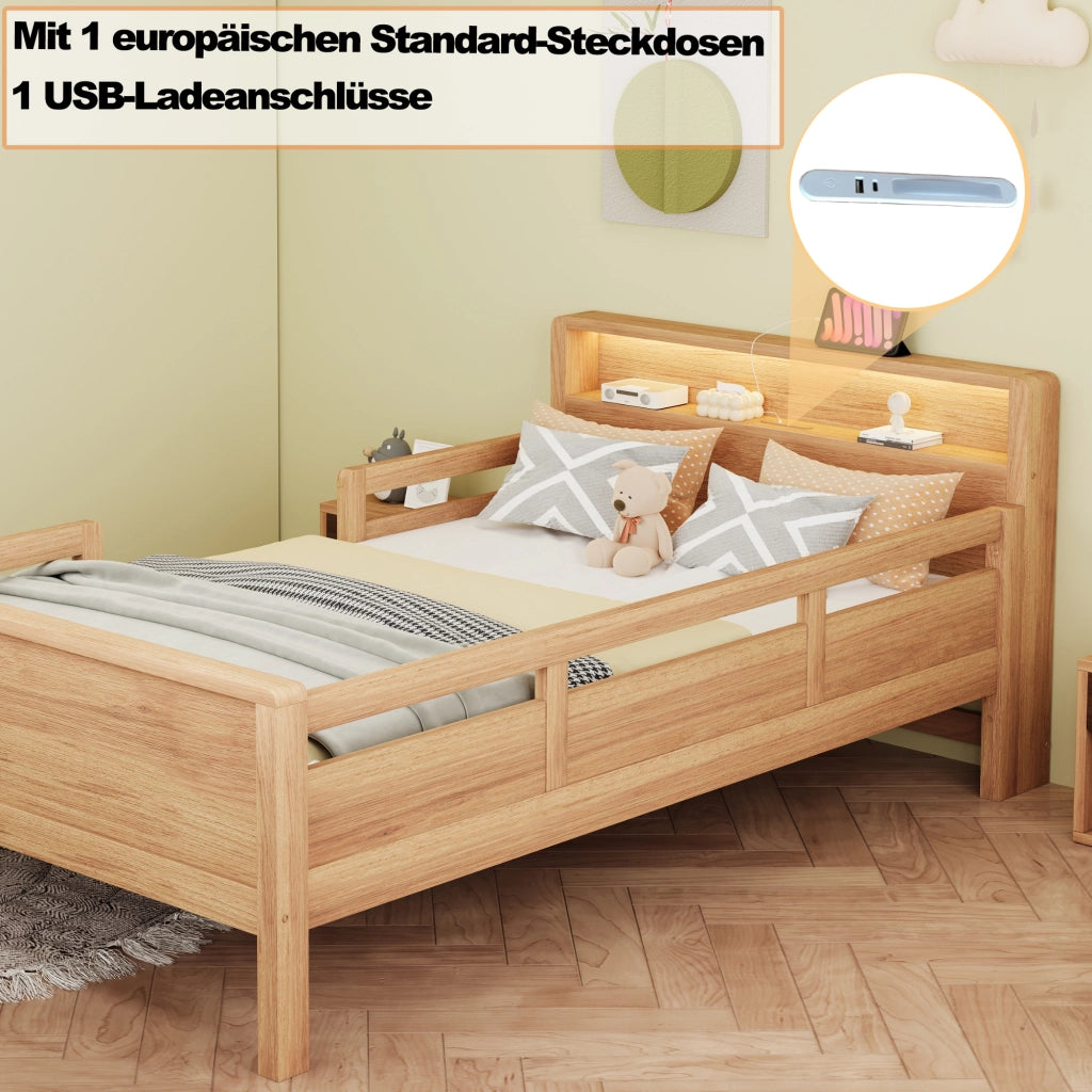 Letto per bambini multifunzione 90 × 200 cm in legno di pino con luce LED ricarica USB e Tape-C ripiano