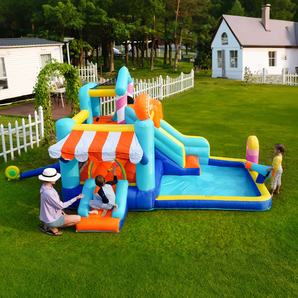 Doppeltes Kinder-Hüpfburg mit Gebläse - Multifunktionaler Outdoor-Wasserpark & Trampolin, Wasserrutschen, kleine Rutsche, Springbrunnen, Wasserpistolen, Ladenmarkise & Kletterwand