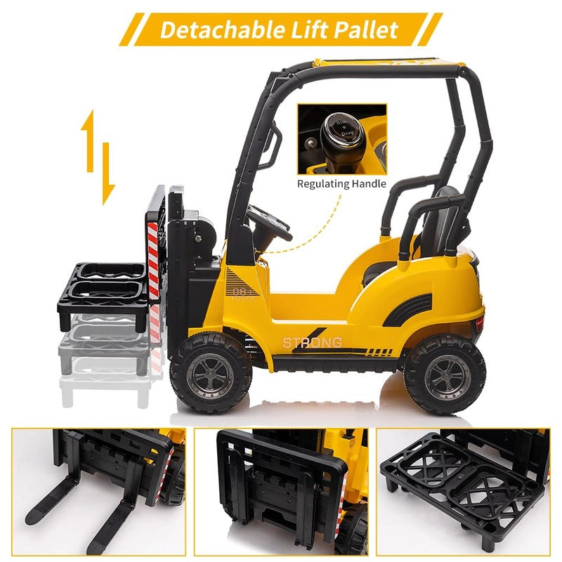 Carrello Elevatore Elettrico per Bambini 12V con Forche Regolabili; Bancale; Tettoia e Telecomando