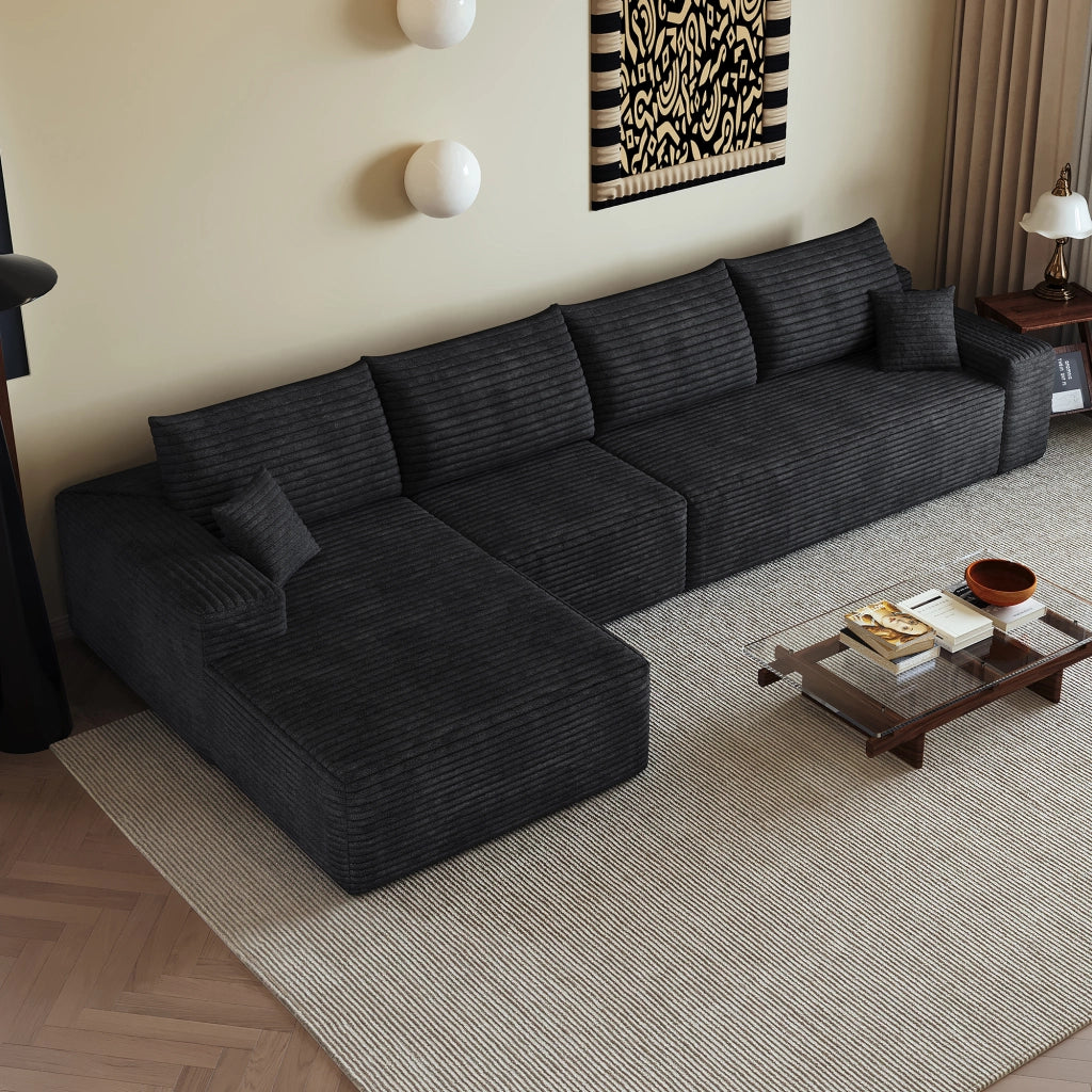 Divano 340x175x83 cm in tessuto nero a coste; imbottitura in schiuma elastica; senza attrezzi