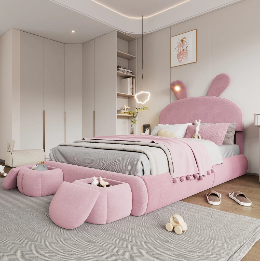 Letto imbottito con testiera a forma di coniglio, luce LED e contenitore idraulico