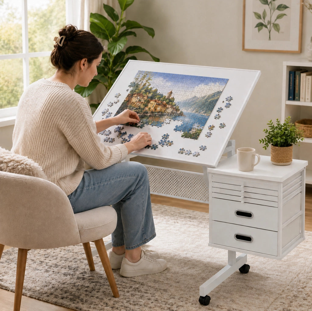 Tavolo Puzzle Regolabile con 4 Vassoi in Feltro, 2 Cassetti e Ruote, superficie per 1500 pezzi, bianco