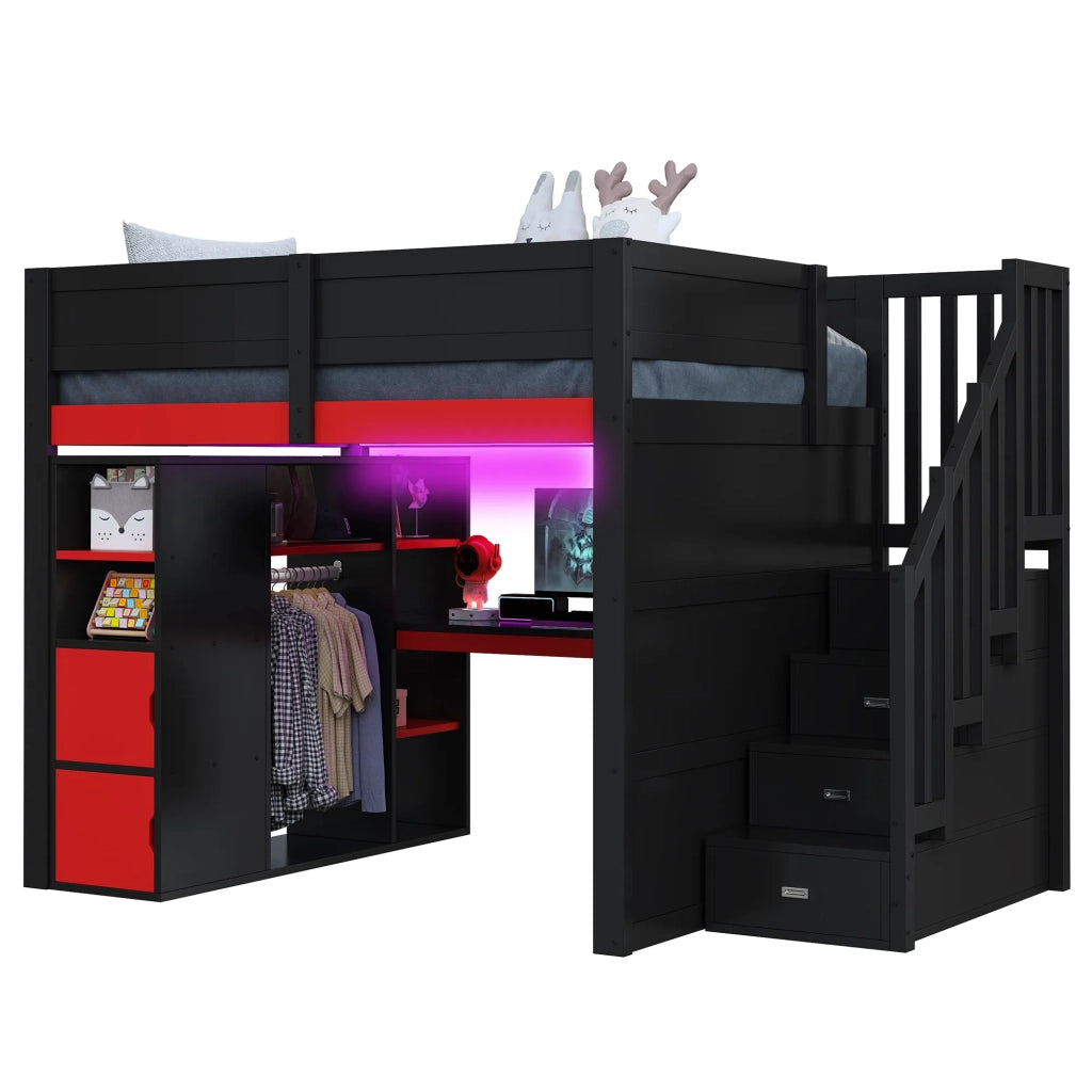 Letto a soppalco gaming in legno 140x200 cm con scrivania, ampio spazio contenitore, illuminazione LED, porta USB e scala nera con contenitore, nero + rosso