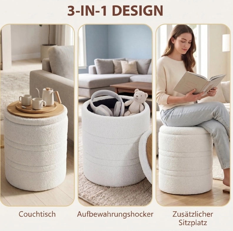 Pouf contenitore rotondo in tessuto Sherpa bianco, 33 L, per soggiorno e camera da letto