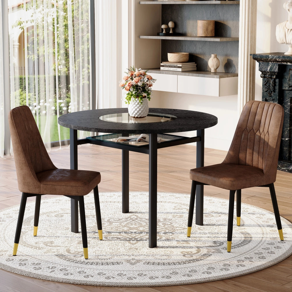 Set tavolo rotondo con 2 sedie marroni; piano MDF nero con inserto in vetro Ø 100 cm
