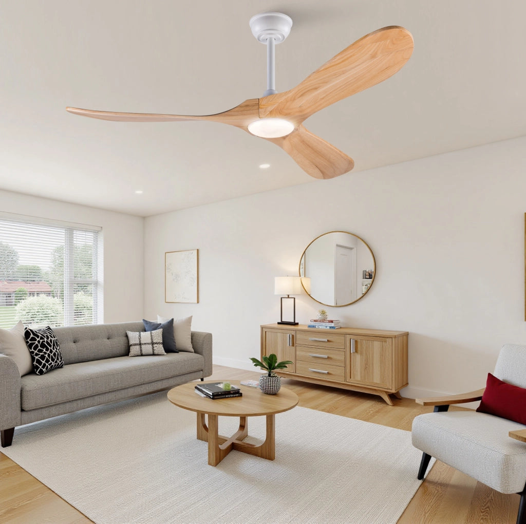 Ventilatore da soffitto 132 cm con tre pale in legno massello, luce LED regolabile 3CCT, telecomando e 6 velocità