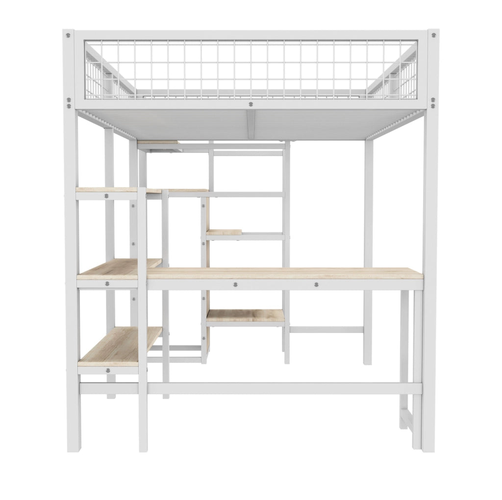 Letto a soppalco 140x200 cm con scrivania, ripiani e armadio integrato