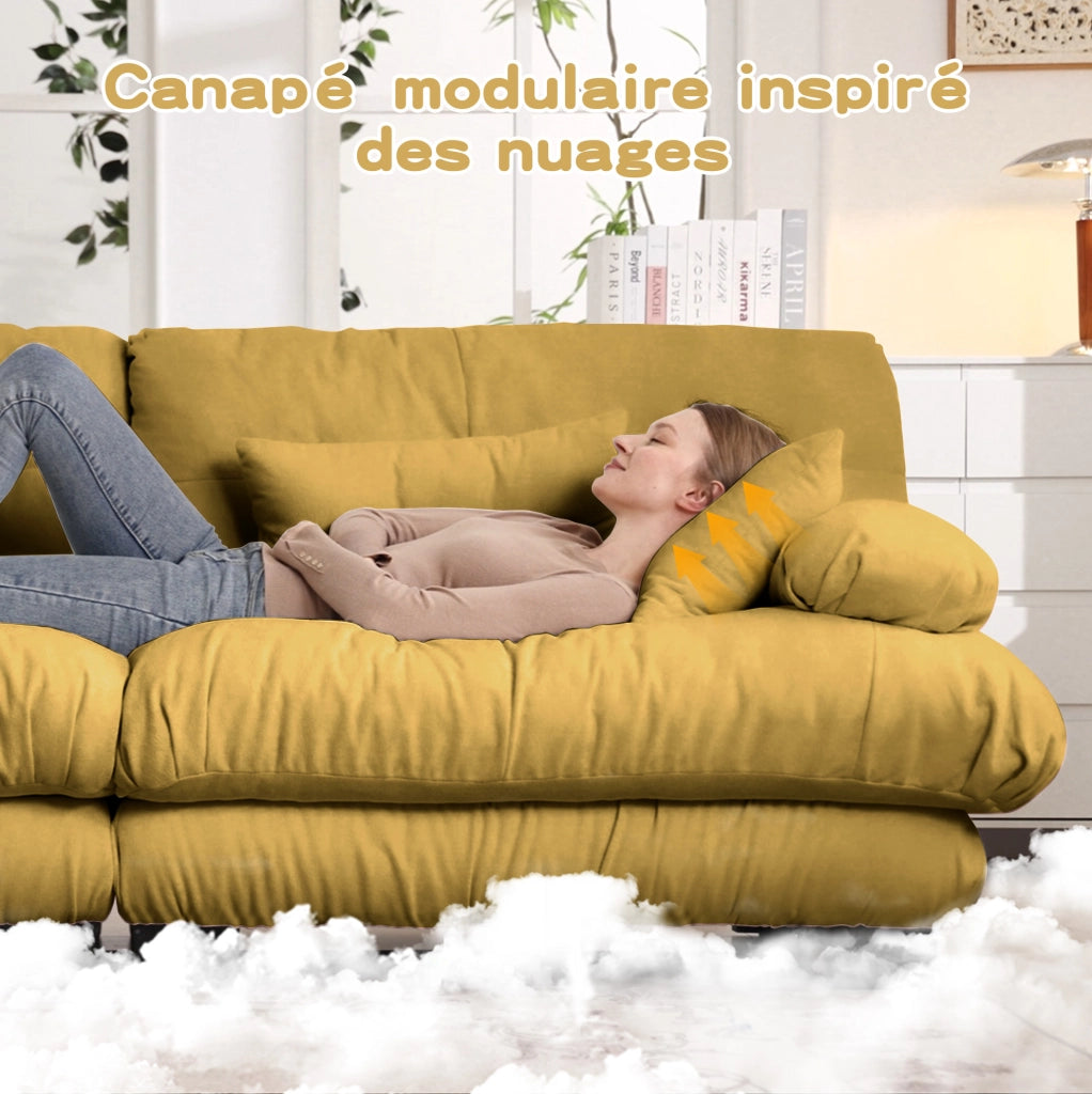Divano modulare ad angolo a forma di U in tessuto vintage Chenille giallo con pouf abbinati