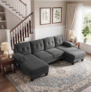 Divano ad angolo a U per 4 persone in Chenille grigio con doppia chaise longue e schienale tufted