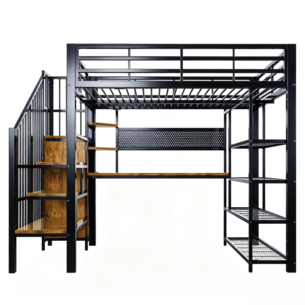 Letto a soppalco 140 × 200 cm con scrivania; scala con vani; LED; presa europea e scaffale in metallo nero