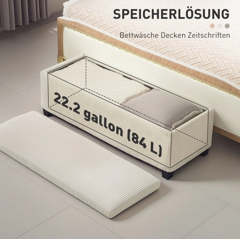 Panca con contenitore in tessuto a coste beige 112x42x40 cm con struttura in acciaio, seduta imbottita per soggiorno e camera