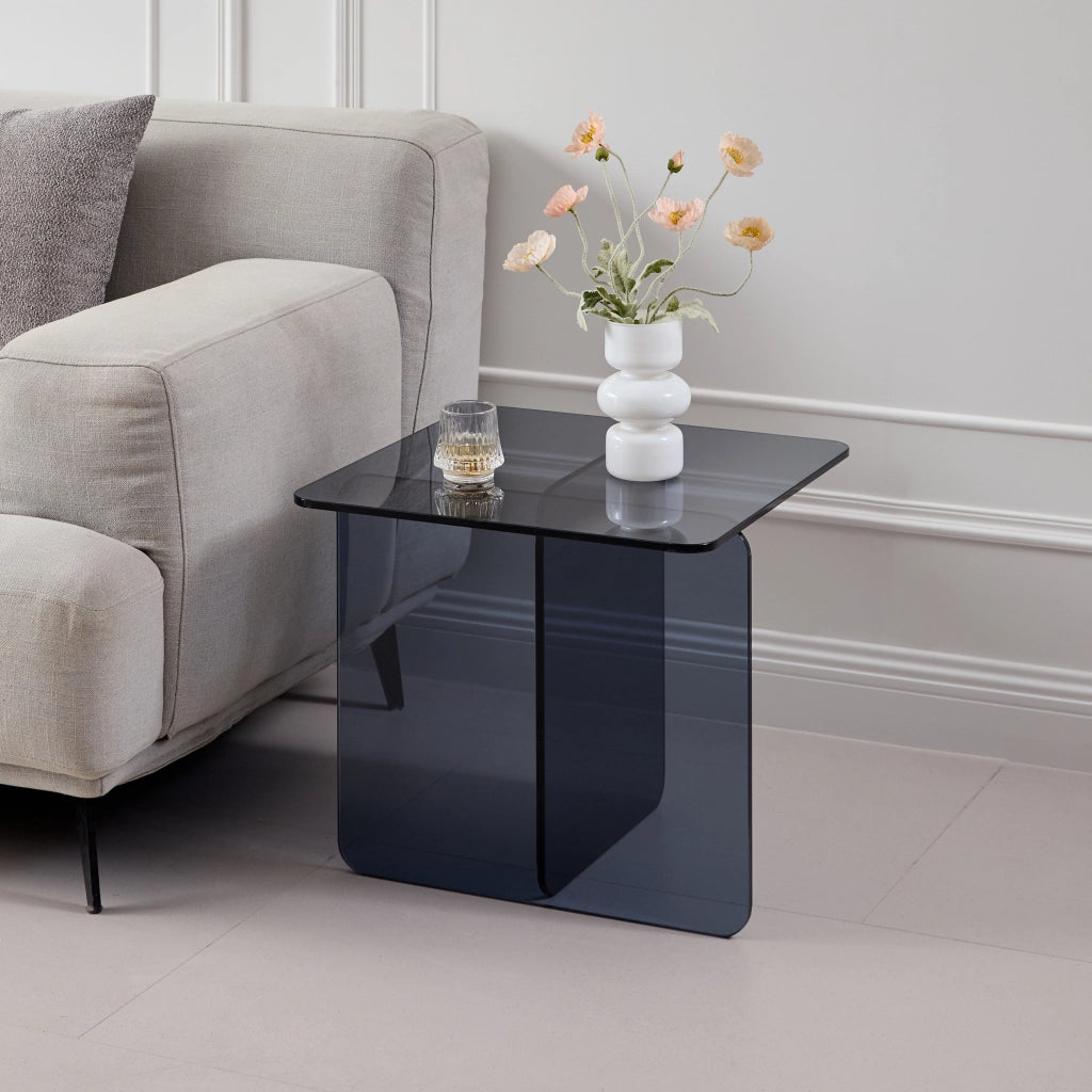 Tavolino basso fisso multiuso in vetro temperato grigio per salotto, ufficio e outdoor 45 × 45 × 51 cm
